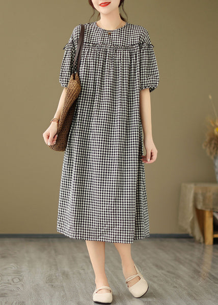 Plus Size Black O Neck Plaid Ruffled Patchwork Cotton Dress Summer FF012 MZF-SDL240607