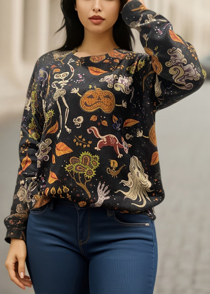 Plus Size Black O-Neck Print Knitting Cotton Sweaters Fall AE1017 OM-HW240901