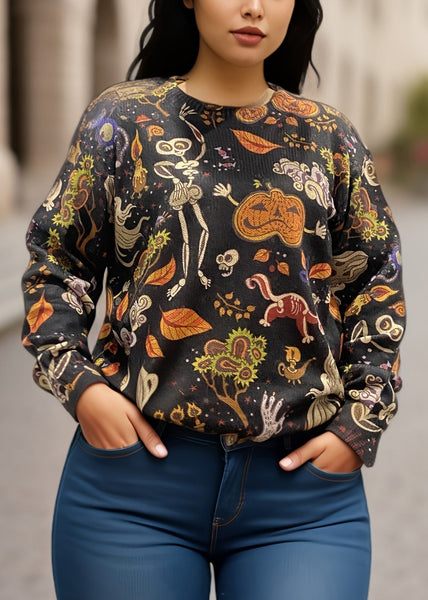 Plus Size Black O-Neck Print Knitting Cotton Sweaters Fall AE1017 OM-HW240901
