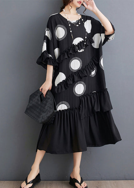 Plus Size Black O Neck Ruffled Patchwork Chiffon Dress Summer AP006 GK-SDL240718