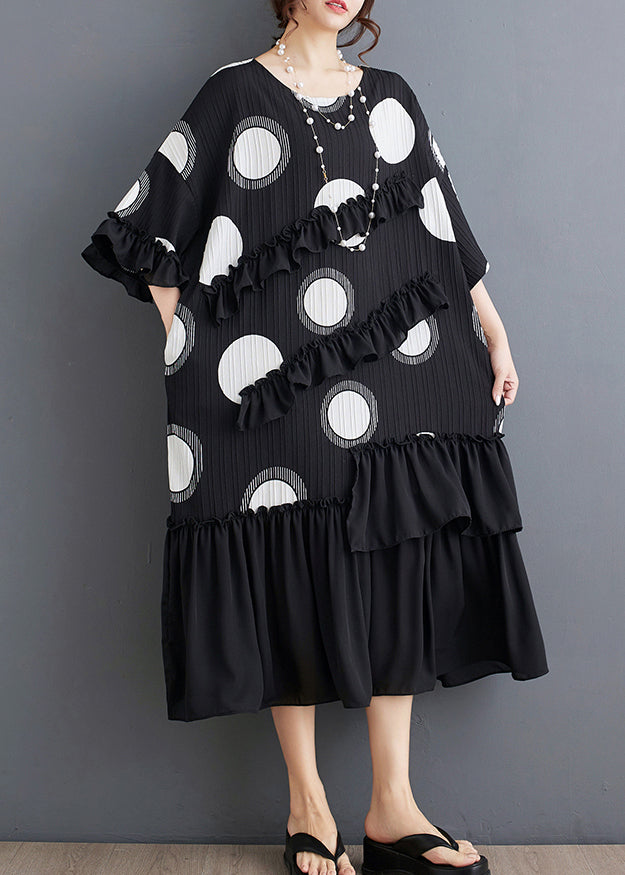 Plus Size Black O Neck Ruffled Patchwork Chiffon Dress Summer AP006 GK-SDL240718
