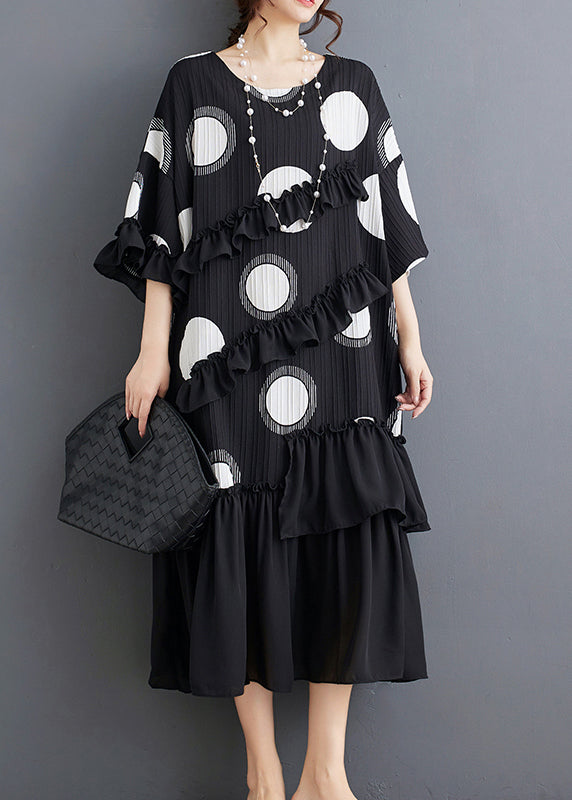 Plus Size Black O Neck Ruffled Patchwork Chiffon Dress Summer AP006 GK-SDL240718
