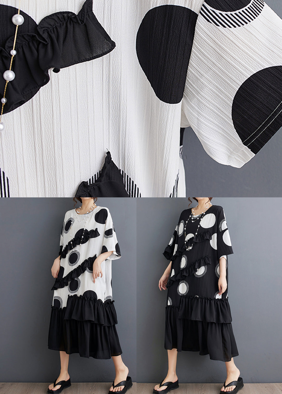 Plus Size Black O Neck Ruffled Patchwork Chiffon Dress Summer AP006 GK-SDL240718