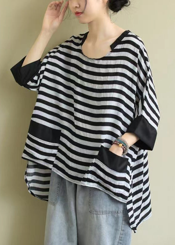 Plus Size Black O Neck Striped Low High Design Cotton Shirt Top Summer BV086 MZF-STP240702