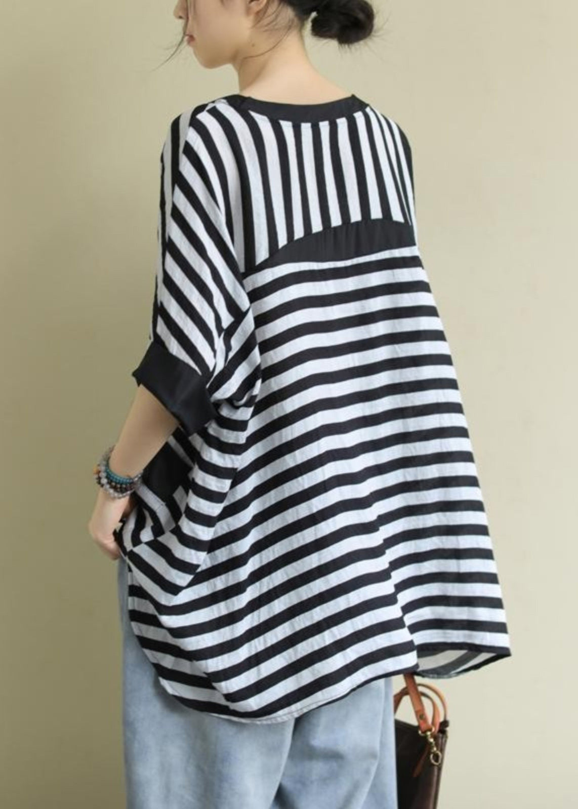 Plus Size Black O Neck Striped Low High Design Cotton Shirt Top Summer BV086 MZF-STP240702