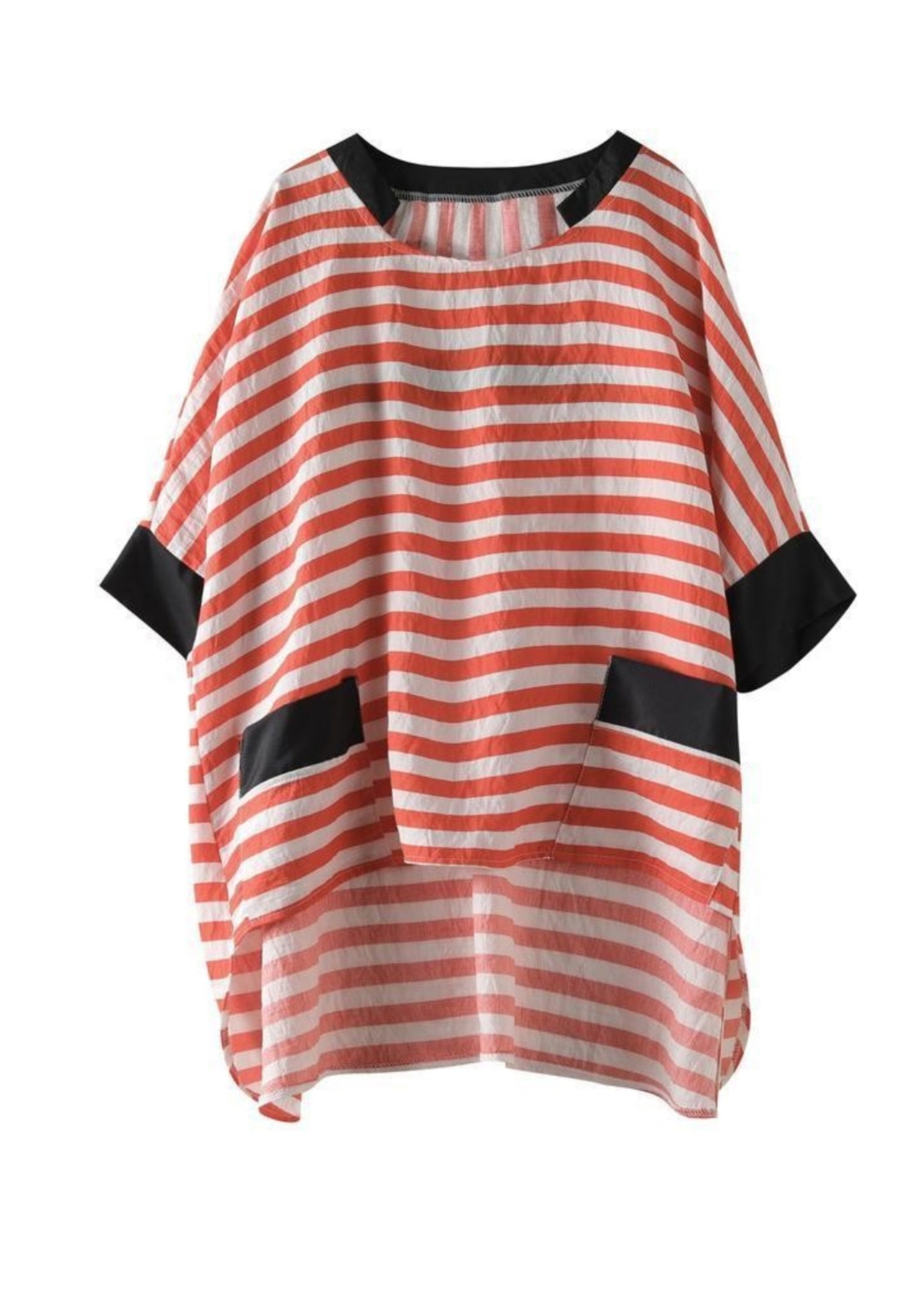 Plus Size Black O Neck Striped Low High Design Cotton Shirt Top Summer BV086 MZF-STP240702