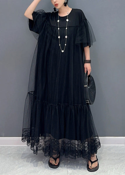 Plus Size Black O Neck Wrinkled Patchwork Tulle Dress Summer AY1019 JDML-240828