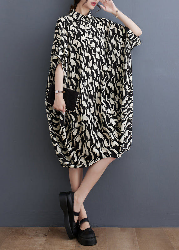 Plus Size Black Peter Pan Collar Print Cotton Shirts Dress Batwing Sleeve AP048 GK-SDM240718