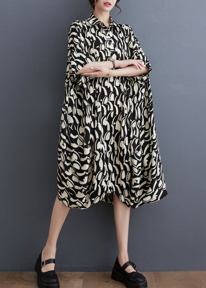 Plus Size Black Peter Pan Collar Print Cotton Shirts Dress Batwing Sleeve AP048 GK-SDM240718