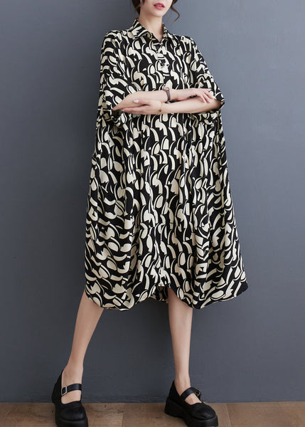 Plus Size Black Peter Pan Collar Print Cotton Shirts Dress Batwing Sleeve AP048 GK-SDM240718