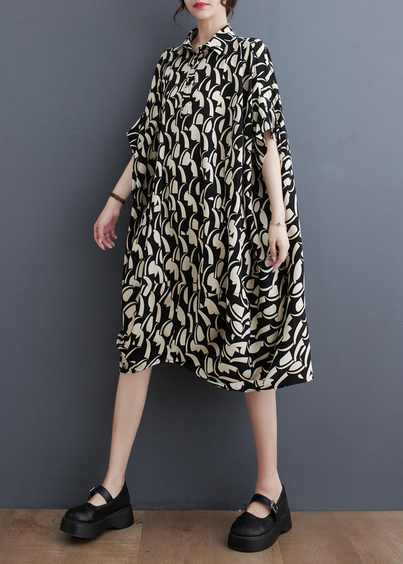 Plus Size Black Peter Pan Collar Print Cotton Shirts Dress Batwing Sleeve AP048 GK-SDM240718