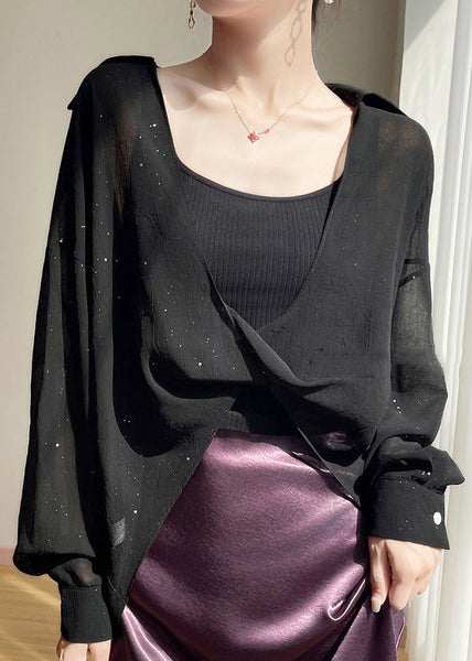 Size Blouses Chiffon Fall Plus Pan Peter Black Solid Collar FashionChic