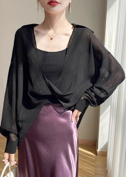 Size Blouses Chiffon Fall Plus Pan Peter Black Solid Collar FashionChic