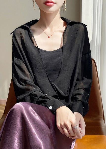 Size Blouses Chiffon Fall Plus Pan Peter Black Solid Collar FashionChic