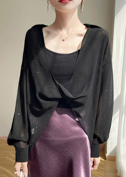 Size Blouses Chiffon Fall Plus Pan Peter Black Solid Collar FashionChic