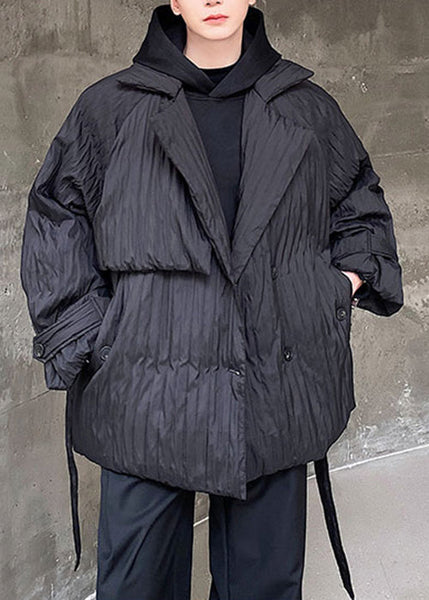 Plus Size Black Peter Pan Collar Tie Waist Duck Down Men Coats Winter WL004 MENCW241123