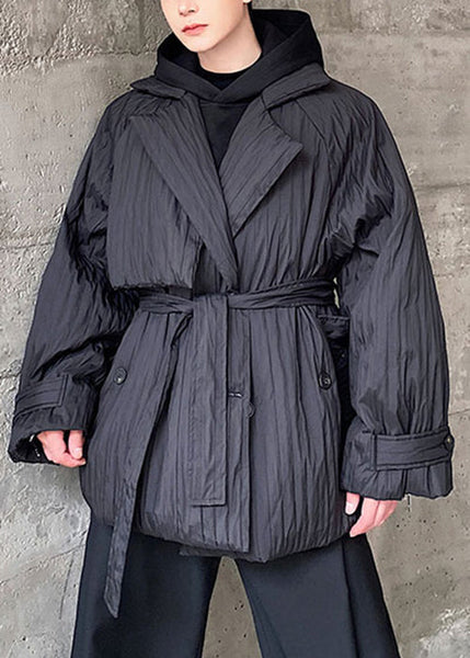 Plus Size Black Peter Pan Collar Tie Waist Duck Down Men Coats Winter WL004 MENCW241123