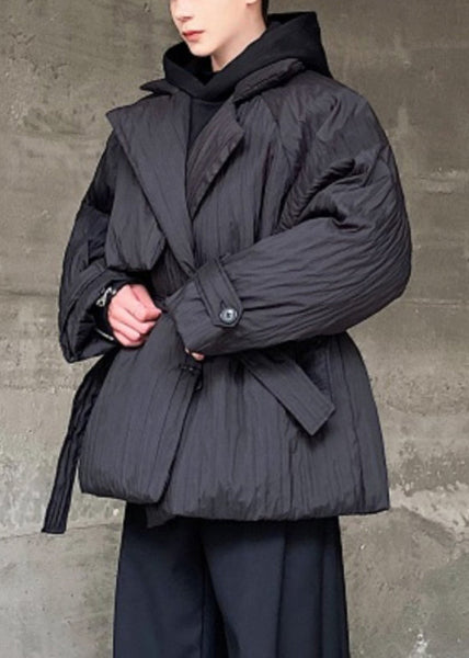 Plus Size Black Peter Pan Collar Tie Waist Duck Down Men Coats Winter WL004 MENCW241123