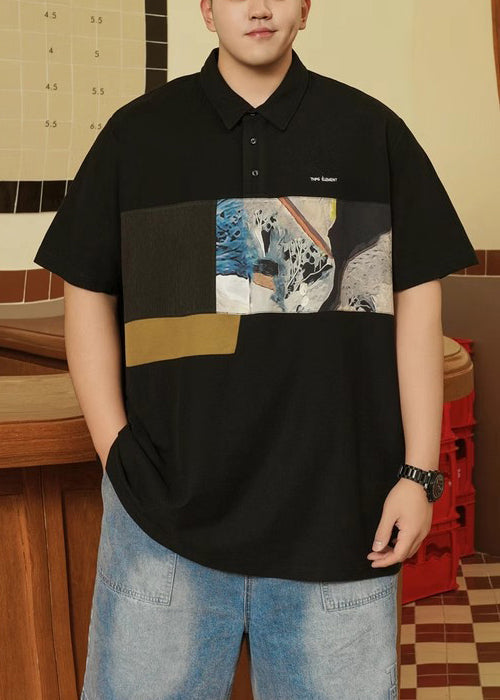 Print Men Plus Size Button Black Cotton Polo Summer Shirt FashionChic