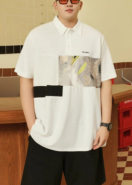 Print Men Plus Size Button Black Cotton Polo Summer Shirt FashionChic