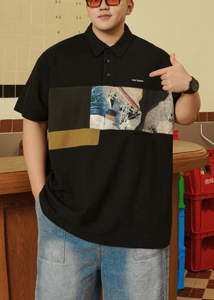 Print Men Plus Size Button Black Cotton Polo Summer Shirt FashionChic