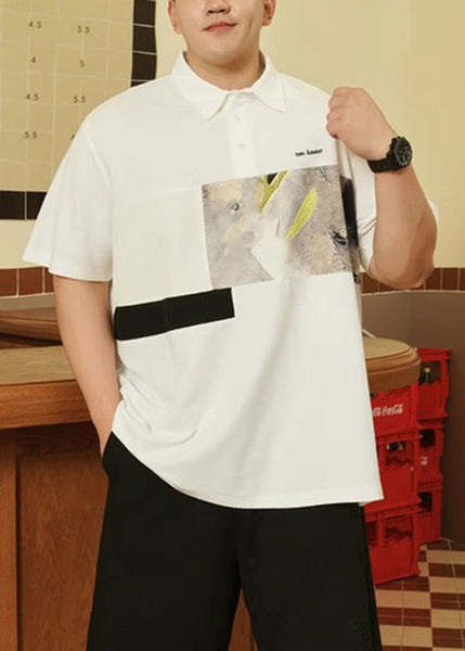 Print Men Plus Size Button Black Cotton Polo Summer Shirt FashionChic