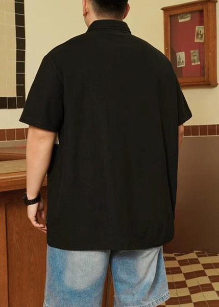 Print Men Plus Size Button Black Cotton Polo Summer Shirt FashionChic