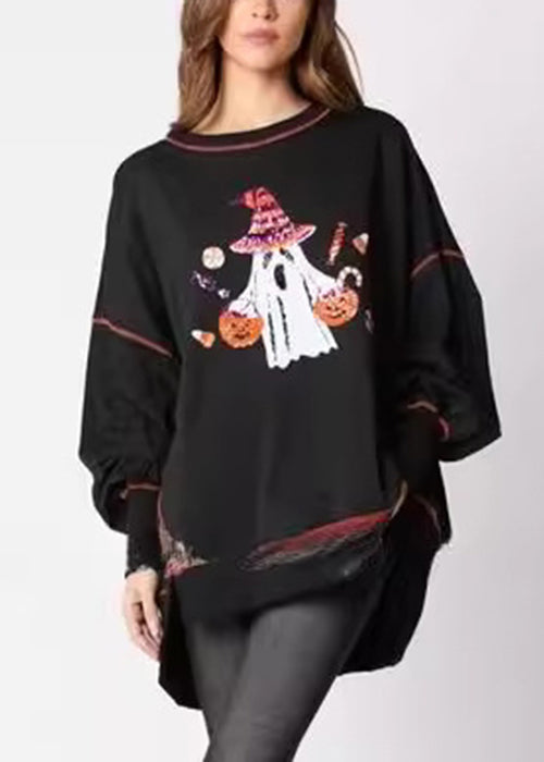 Plus Size Black Sequins Low High Design Cotton Sweatshirt  AE1025 OM-HW240901