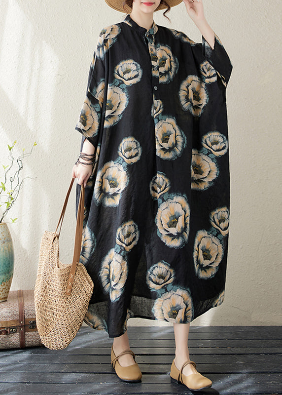 Plus Size Black Stand Collar Print Long Dress Long Sleeve AP067 GK-FDL240718