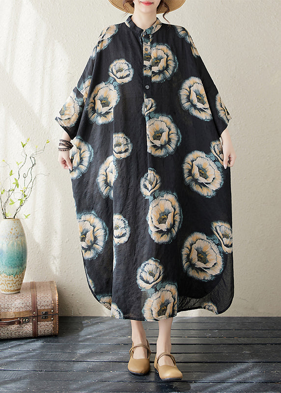 Plus Size Black Stand Collar Print Long Dress Long Sleeve AP067 GK-FDL240718