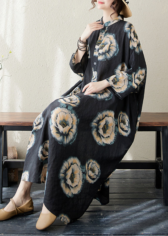 Plus Size Black Stand Collar Print Long Dress Long Sleeve AP067 GK-FDL240718