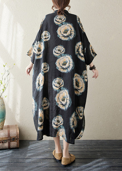 Plus Size Black Stand Collar Print Long Dress Long Sleeve AP067 GK-FDL240718