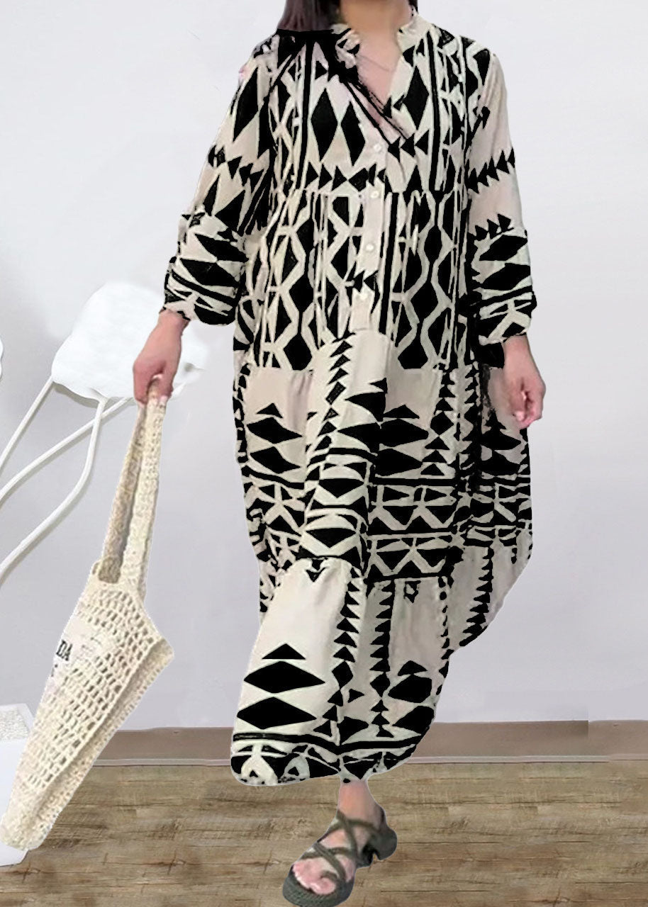 Plus Size Black Stand Collar Print Long Shirts Dresses Spring VB1050 Ada Fashion
