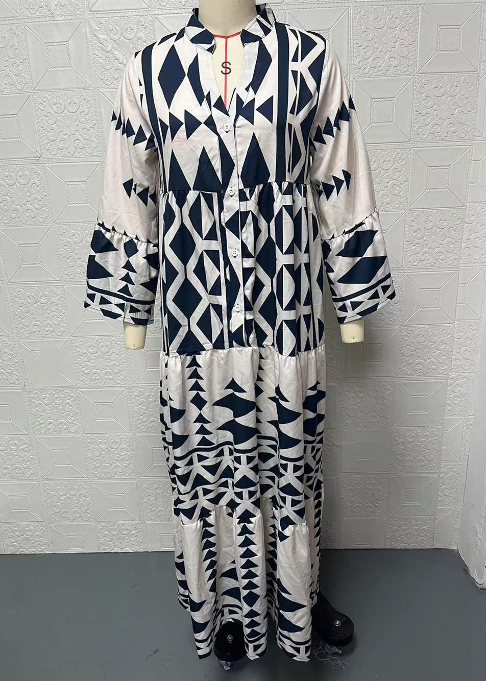 Plus Size Black Stand Collar Print Long Shirts Dresses Spring VB1050 Ada Fashion