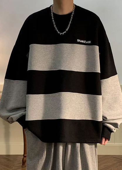 Plus Size Black Striped Patchwork Cotton Men Sweatshirt Fall RP059 ABC