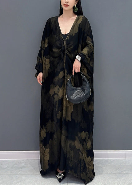 Plus Size Black V Neck Print Holiday Maxi Dress Long Sleeve AY1048 JDML-240829