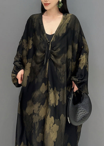 Plus Size Black V Neck Print Holiday Maxi Dress Long Sleeve AY1048 JDML-240829