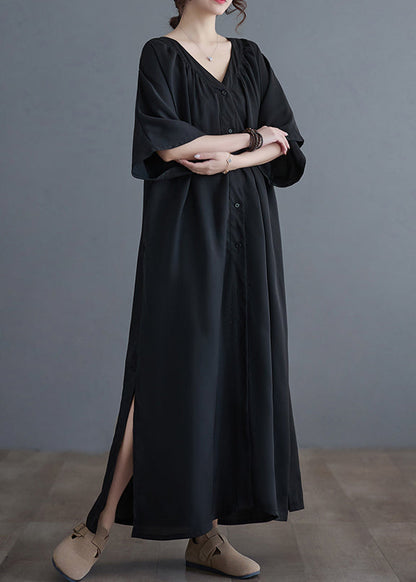 Plus Size Black V Neck Wrinkled Maxi Dresses Summer GH1033 Ada Fashion