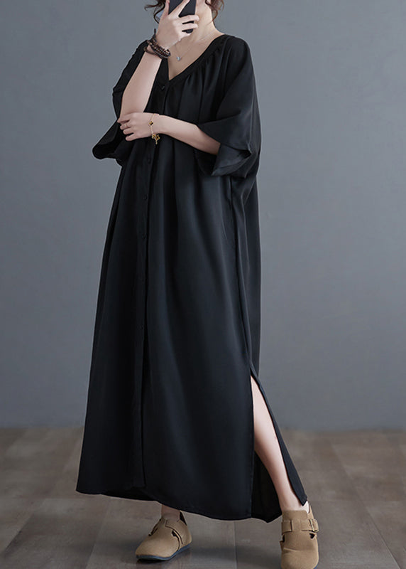 Plus Size Black V Neck Wrinkled Maxi Dresses Summer GH1033 Ada Fashion