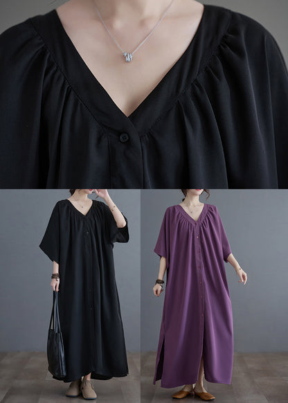 Plus Size Black V Neck Wrinkled Maxi Dresses Summer GH1033 Ada Fashion