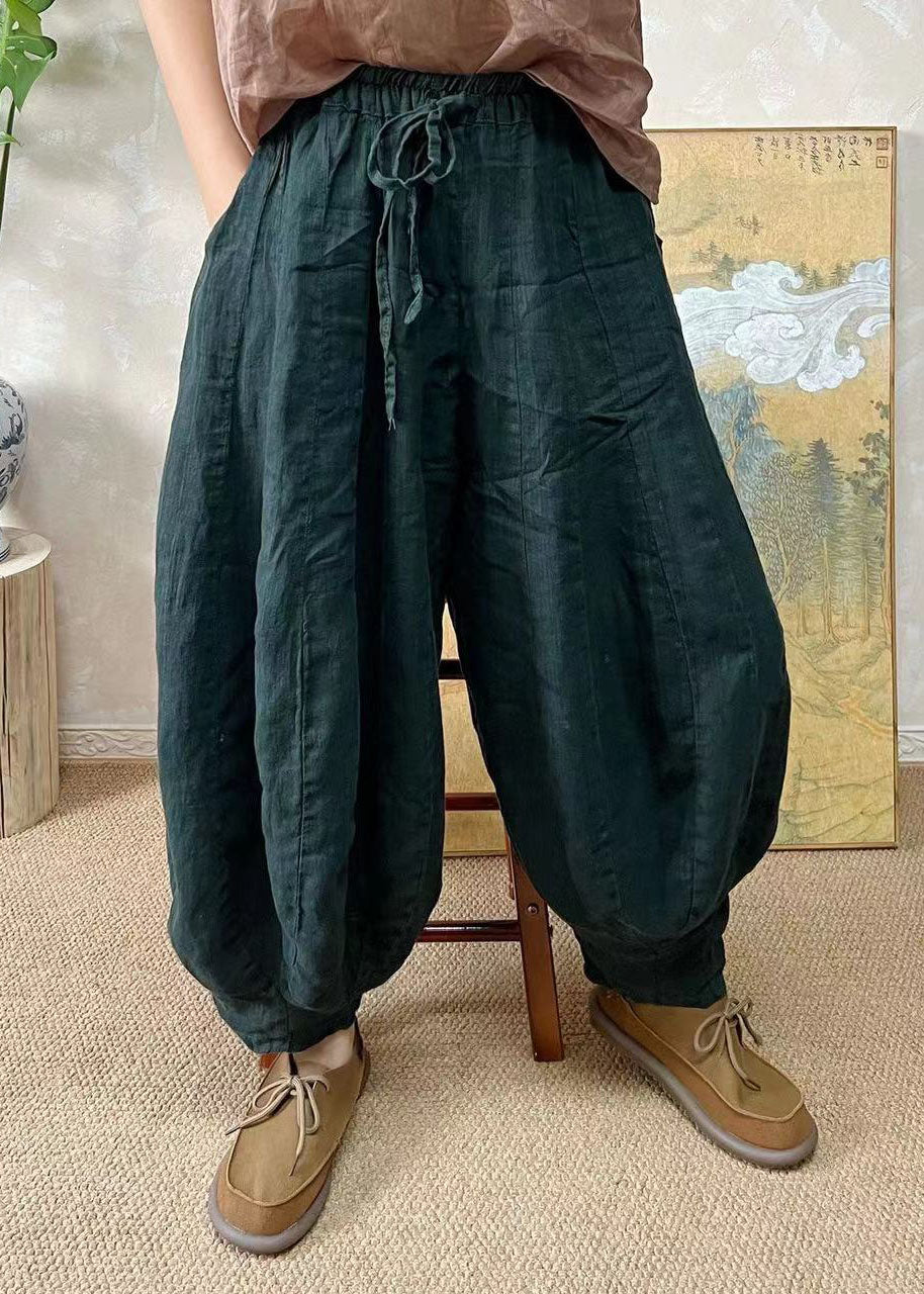 Plus Size Blackish Green Elastic Waist Linen Lantern Pants Summer FF037 MZF-CPTS240607