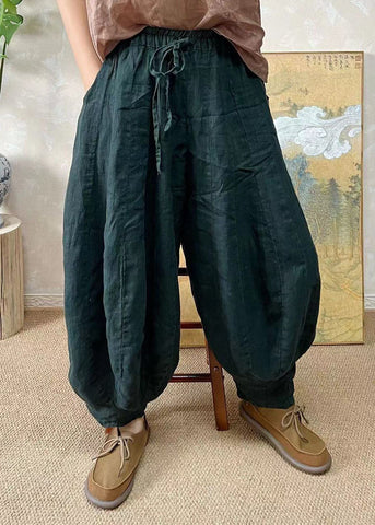 Plus Size Blackish Green Elastic Waist Linen Lantern Pants Summer FF037 MZF-CPTS240607