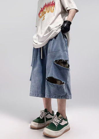 Blue Plus Summer Size Hole Shorts Pockets Denim Men FashionChic