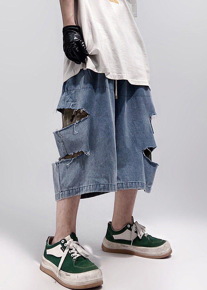 Blue Plus Summer Size Hole Shorts Pockets Denim Men FashionChic