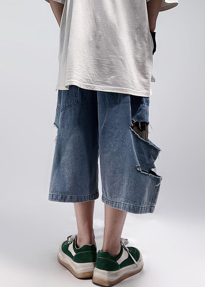 Blue Plus Summer Size Hole Shorts Pockets Denim Men FashionChic