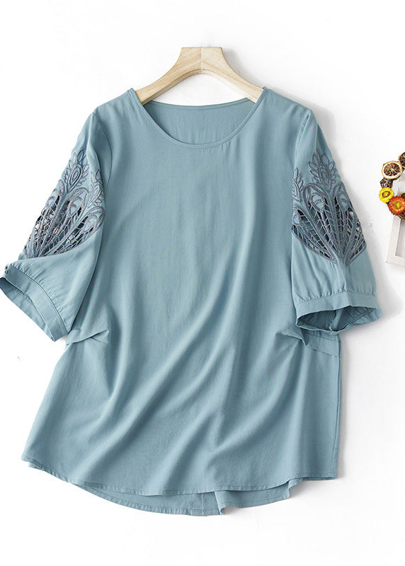 Plus Size Blue O Neck Hollow Out Embroidered Cotton T Shirt Summer AM1059 Genistyle Shop