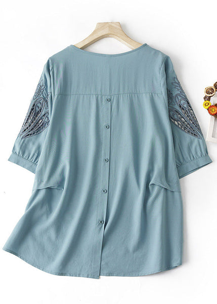 Plus Size Blue O Neck Hollow Out Embroidered Cotton T Shirt Summer AM1059 Genistyle Shop