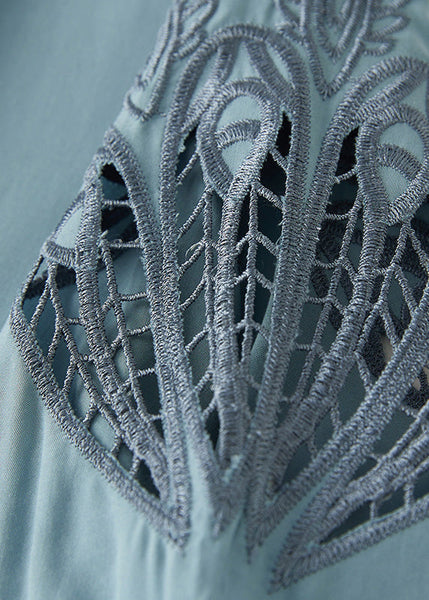 Plus Size Blue O Neck Hollow Out Embroidered Cotton T Shirt Summer AM1059 Genistyle Shop