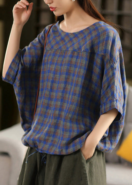 Summer Size Patchwork Plaid Neck O Blue Plus Linen Top FashionChic