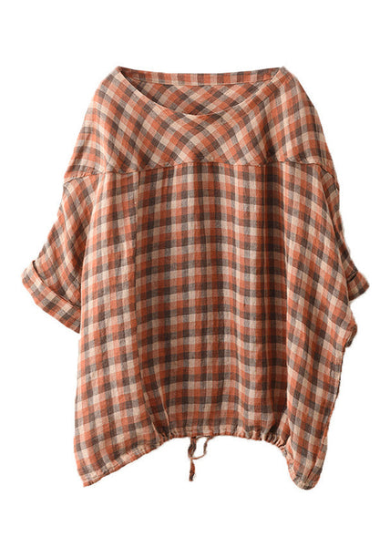 Summer Size Patchwork Plaid Neck O Blue Plus Linen Top FashionChic